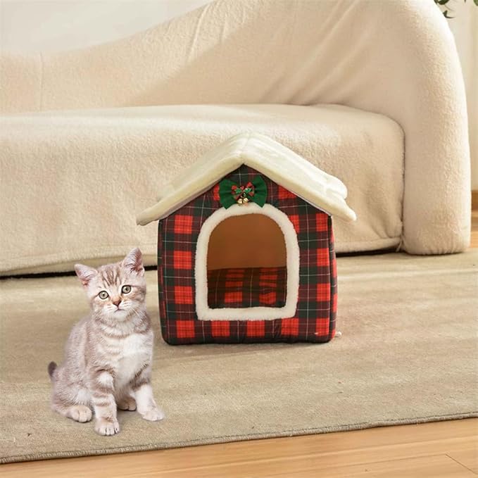 Christmas Cat Bed for Indoor Cats Plaid Xmas Cat Tent Cats Bed Cave for Pets Kittens and Dogs (Pink, L (20.5 X 17 X 19.7 Inch))