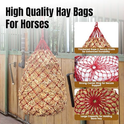 Slow Feed Hay Nets for Horses, 2 Pack, 40 Inch, 2 Inch Holes, Red