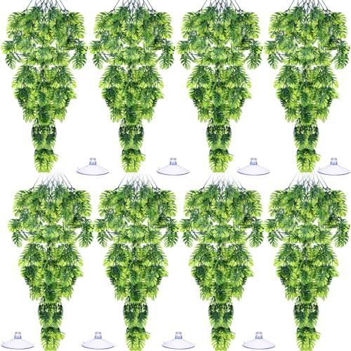 Suncalla 8 Pack Reptile Plants Terrarium Hanging Plant Vine Boston Climbing Terrarium Plant with Suction Cup for Bearded Dragons Lizard Crested Gecko Snake Crab Tank(Popular Series,Green)