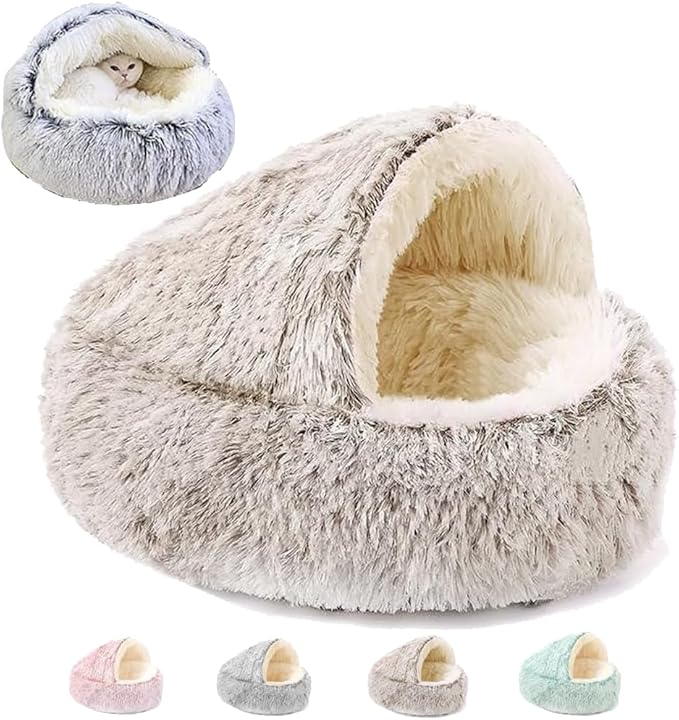Keep Warm Lapcatz Nest Bed, Cat Bed Round Fluffy Hooded Cat Bed Cave, Anti-Slip Bottom and Machine Washable,Removable Washable Round Beds for Small Medium Pets (Coffee,80cm/31.5inch)