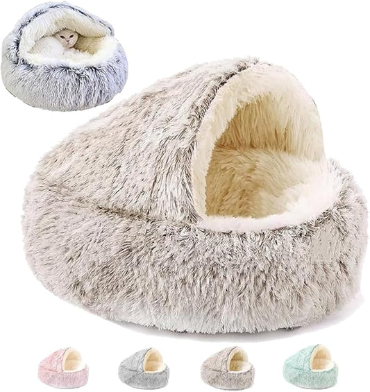 Keep Warm Lapcatz Nest Bed, Cat Bed Round Fluffy Hooded Cat Bed Cave, Anti-Slip Bottom and Machine Washable,Removable Washable Round Beds for Small Medium Pets (Coffee,Medium)