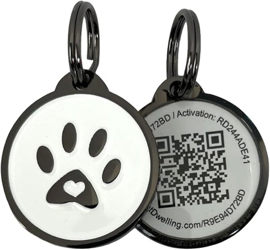 Pet Dwelling QR Pet Tag – Easy Scan Instant Location Alerts, Online Pet Profile with AI Feature for Dogs & Cats (Lux White Paw)