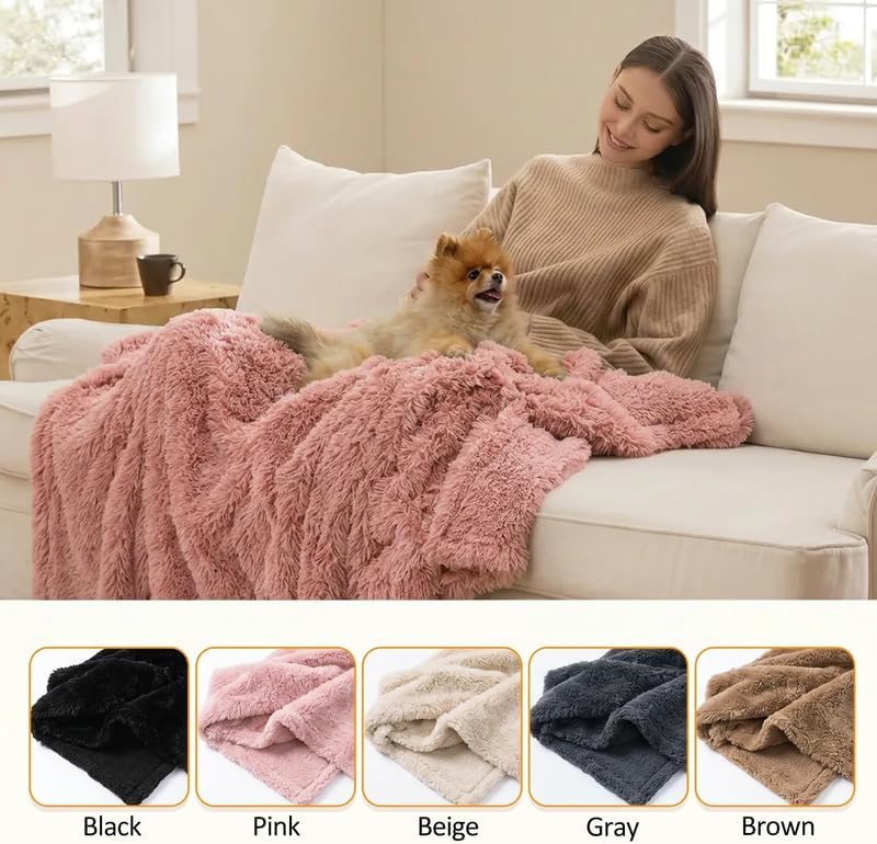 Waterproof Dog Blanket Pet Throw Blankets Fluffy Long Faux Fur Reversible Puppy Blankets 85x57in Furniture Protector Cover for Sofa Bed Couch Bed Cover Washable for Dogs Cats (Pink XL)