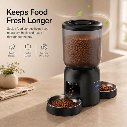 Automatic Cat Feeder with Camera, Dual Bowl 6L WiFi Pet Feeder | Dual 2K Cameras, Two Stainless Steel Bowls, AI Motion Tracking, App Control, 2-Way Audio, Dual-Band WiFi, 6L Capacity