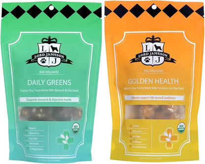 Golden Health and Daily Greens Bundle – Soft & Chewy Healthy Organic Dog Treats, Gluten-Free & Allergy-Friendly, Supports Digestive Health, Made in USA – Sensitive Stomach Dog Treats (2-Pack)