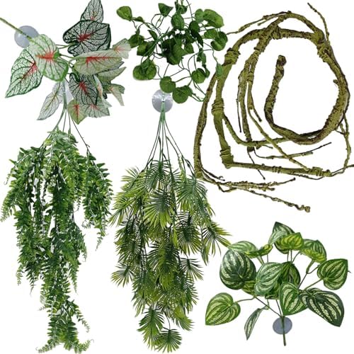 Reptile Plant for Bearded Dragon Tank Accessories, Terrarium Plant Artificial Decor for Snake Cage, Fake Plant for Leopard Gecko Habitat, Lizard Chameleon Ball Pythons (Group E)