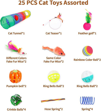 iCAGY 25 Pcs Cat Toys for Cats, Indoor Kittens - Interactive Variety Pack, 45 inches Rainbow Cat Tunnel, Feather Teaser, Feather Golf, Mice, Springs, Balls, Noise Toys - Rainbow/Colorful 45"