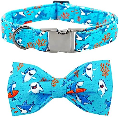 Summer Blue Shark Print Dog Collar with Bow for Medium Dogs