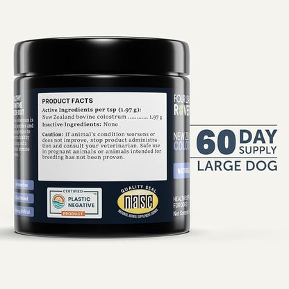 FOUR LEAF ROVER Colostrum for Dogs - Bovine Colostrum from 100% Grass-Fed New Zealand Cows - Skin, Gut & Immune Support - 60 Day Large Dog Supply