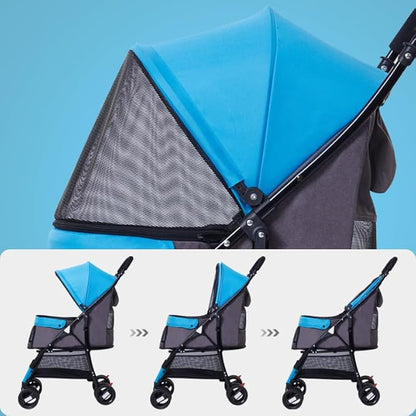 4 Wheels Pet Stroller,Easy-Foldable Dog Cat Cage Jogger Stroller with Weather Cover for All-Season,Storage Basket and Visible Mesh for Small/Medium Pets up to 33lbs (Blue)