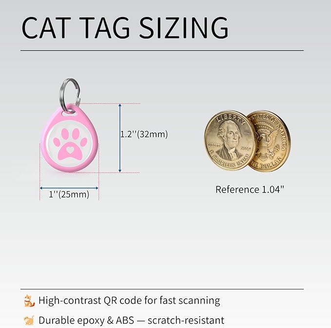 QR Code Cat ID Tag for Indoor Cats, Personalized Silent Cat Collar Tag with Online Profile, Scan to Contact Owner, No App No Subscription, Anti-Lost, 2 Pack (Pink, 1")