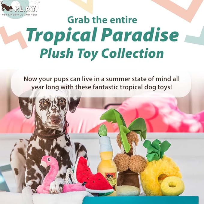 P.L.A.Y. Cute Plush Dog Toys - Tropical Paradise Summer Food Themed Durable Squeaker Chew Toy, Great for Puppies & Small, Medium, Large Dogs - Machine Washable, Recycled Materials (Wagging Watermelon)