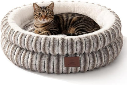 Cat Bed, Round Plush Faux Fur Donut Cuddler – Machine Washable Calming Cat Bed for Indoor Cats & Kittens, Removable Cushion Non-Slip Fluffy Kitten Bed, Cozy Small Cat Nest, 20" Inch Coffee