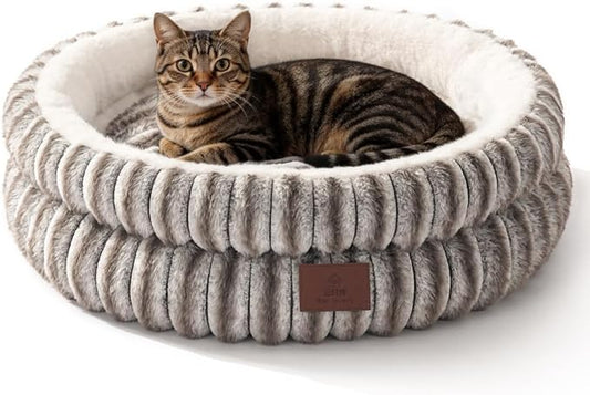 Cat Bed, Round Plush Faux Fur Donut Cuddler – Machine Washable Calming Cat Bed for Indoor Cats & Kittens, Removable Cushion Non-Slip Fluffy Kitten Bed, Cozy Small Cat Nest, 20" Inch Coffee