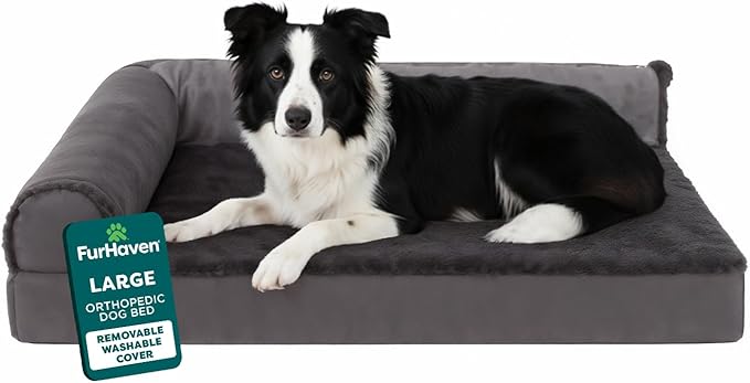 FurHaven Orthopedic Dog Bed for Large Dogs, L-Shaped Chaise Mattress with Egg Crate with Solid Orthopedic Foam Base for Joint Support, Washable Cover, Large, Plush & Velvet, Platinum Gray