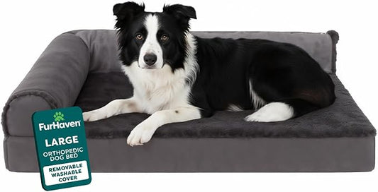 FurHaven Orthopedic Dog Bed for Large Dogs, L-Shaped Chaise Mattress with Egg Crate with Solid Orthopedic Foam Base for Joint Support, Washable Cover, Large, Plush & Velvet, Platinum Gray