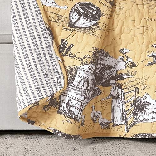 Lush Decor French Country Toile Reversible Cotton Throw Blanket Single 50" W x 60" Yellow & Gray - Yellow Blankets for Bed - Vintage Couch Blanket