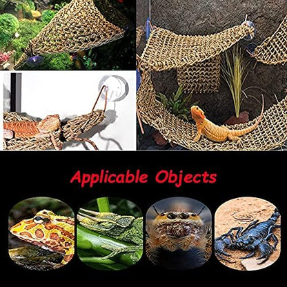 Tfwadmx 2 Pack Bearded Dragon Hammock, Reptile Climbing Decor, Lizard Lounger 100% Natural Seagrass Fabric Hammock for Reptiles, Geckos, Anoles, Iguanas, Hermit Crabs, Triangular