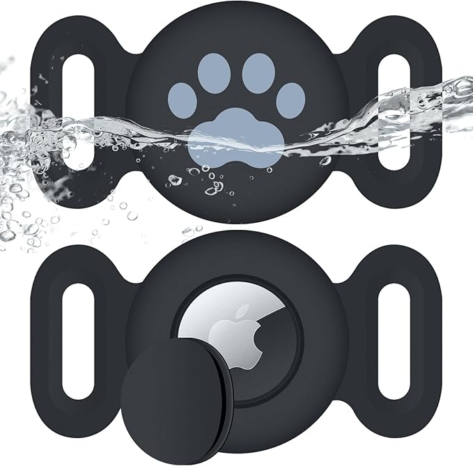 Waterproof Collar Holder Compatible with Airtag (2 Pack), Protective Anti-Lost Case for GPS Tracker, Silicone Collar Holder for Pets (Black/Black)