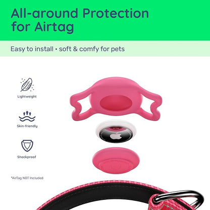 Airtag Dog Collar, Reflective Ultra-Durable Nylon Padded with QR Code Buckle & IP68 Waterproof Air Tag Holder Compatible for Apple AirTag, Comfortable for Small Medium Large Dogs(Hot Pink,L)