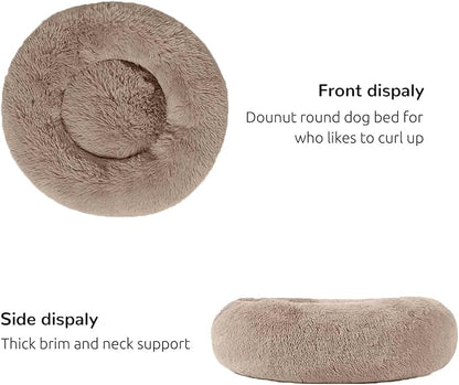 HACHIKITTY Calming Donut Cuddler Dog Bed, Round Fluffy Pet Bed with Sewn-in Cushionfor Large Dogs,Washable, Large, Taupe, 24''