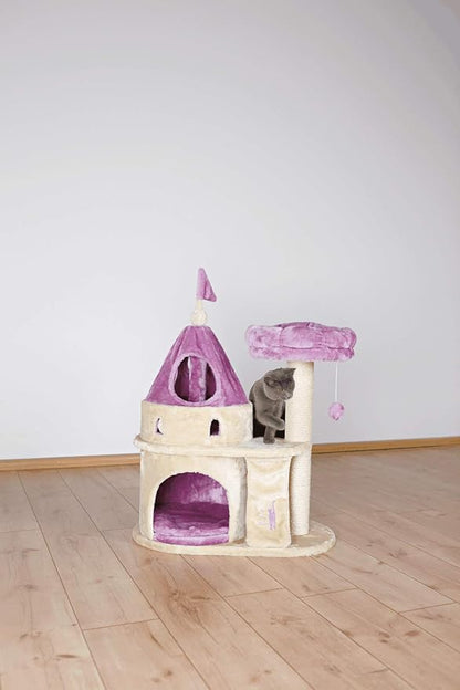 TRIXIE My Kitty Darling Castle Condo, Scratching Post, Cat Tree, Pom Pom, Crinkle Toy | Beige 27.5 x 14.75 x 35.25 in.