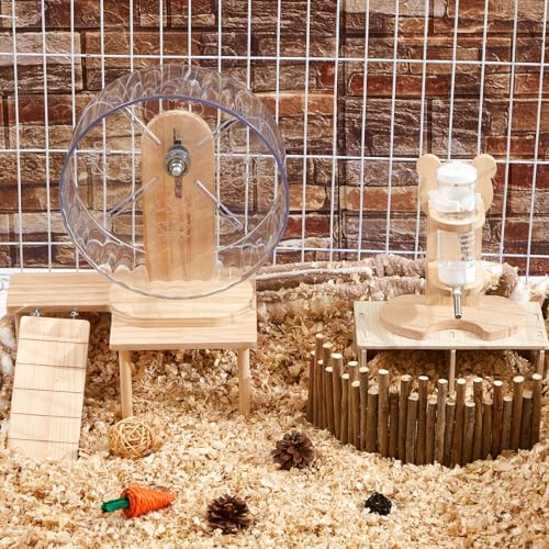 6 Pcs Hamster Toys Set, Maze Wood House, Climbing Ladder Wooden Bridge Tunnel Toy Platform Silent Exercise Running Wheels and Water Bottle Set for Rat Guinea Pig Habitat Cage(Basic)