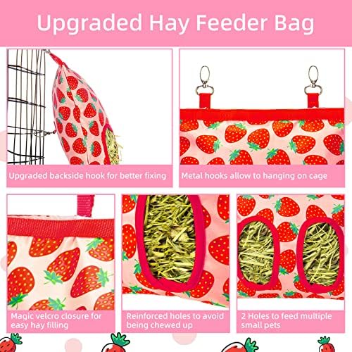 Rabbit Hay Feeder, Hanging Guinea Pig Hay Feeder Bag for Bunny Chinchilla Hamster with Back Hooks, 2 Holes, 9.8x11.4Inch