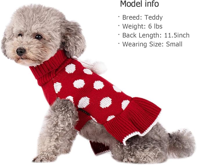KYEESE Dog Sweater Dress with Leash Hole Small Turtleneck for Girl Dog Sweater Dress Polka Dot Knit Warm Puppy Sweaters with Pom Pom Ball