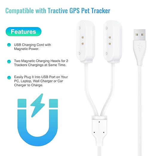 2-in-1 Magnetic Fast Charging Cable | Compatible with Tractive GPS Tracker for Dogs | Durable USB Charger Cord for Pet Smart GPS Devices (White)