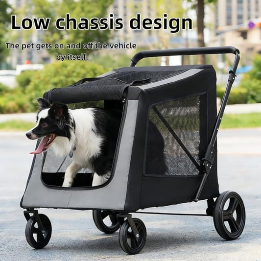 Extra Large Dog Stroller for Large Dogs Up to 130 lbs, Heavy Duty Pet Stroller with Breathable Mesh, Easy Fold Travel Pet Cart with Cup Holder, Adjustable Handle, Secure Safety Belts