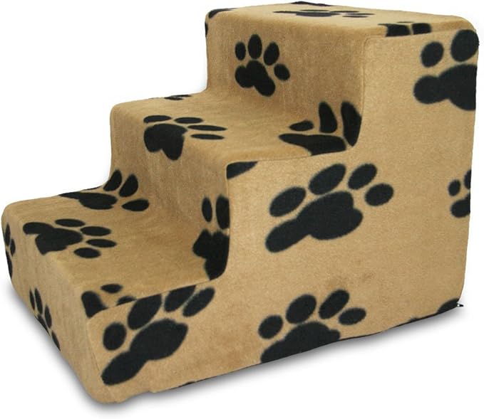 Best Pet Supplies Dog Stairs & Steps - Foam Steps for Small Dogs & Cats, Non-Slip Indoor Balanced Pet Step Support, Dog Ramp, No Assembly, Paw Print on Beige, 3-Step (13.5-inch Height)