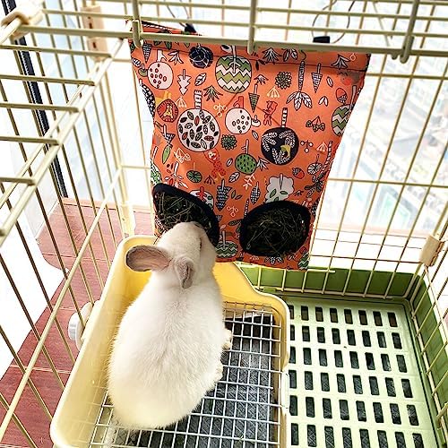 Rabbit Hay Feeder Bag, Guinea Pig Hay Feeder for Cage Small Animal Hanging Feeding Bags Rabbit Hay Dispenser Storage for Rabbits Guinea Pigs Bunnies Chinchillas (Orange,Light Blue, 2 Hole)