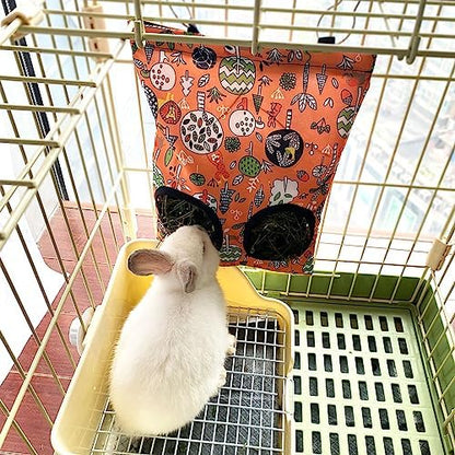 Rabbit Hay Feeder Bag, Guinea Pig Hay Feeder for Cage Small Animal Hanging Feeding Bags Rabbit Hay Dispenser Storage for Rabbits Guinea Pigs Bunnies Chinchillas (Orange,Light Blue, 2 Hole)