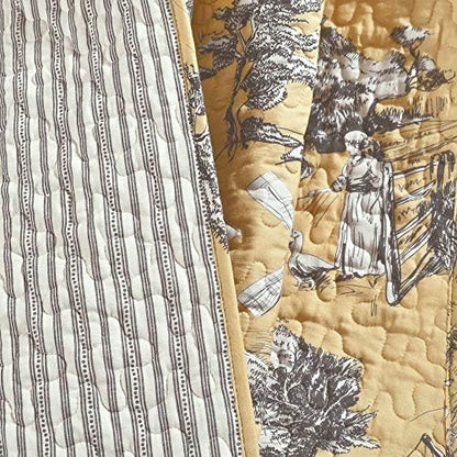Lush Decor French Country Toile Reversible Cotton Throw Blanket Single 50" W x 60" Yellow & Gray - Yellow Blankets for Bed - Vintage Couch Blanket
