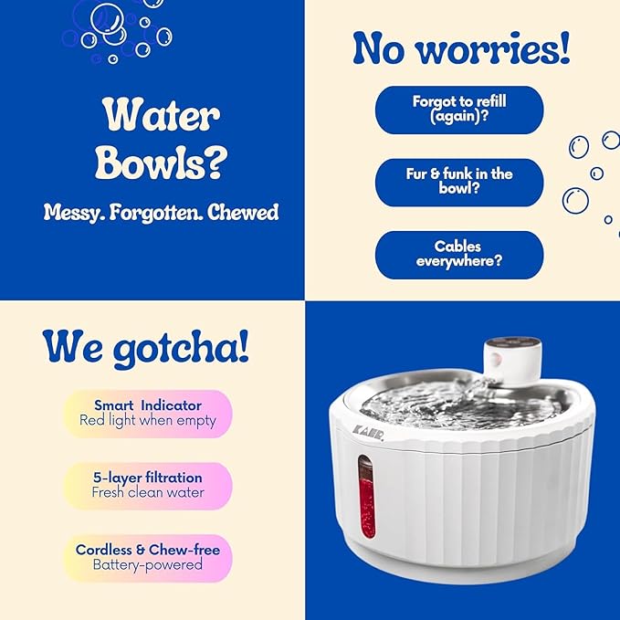 KAER Wireless Cat Water Fountain, 2.8L, Battery Operated, BPA-Free, Stainless Steel, Ultra-Quiet Pet Fountain with 3 Water Flows & Smart Motion Sensor, Aesthetic Bowl, 5-Layer Filtration, 4000mAh
