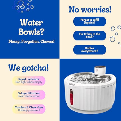 KAER Wireless Cat Water Fountain, 2.8L, Battery Operated, BPA-Free, Stainless Steel, Ultra-Quiet Pet Fountain with 3 Water Flows & Smart Motion Sensor, Aesthetic Bowl, 5-Layer Filtration, 4000mAh