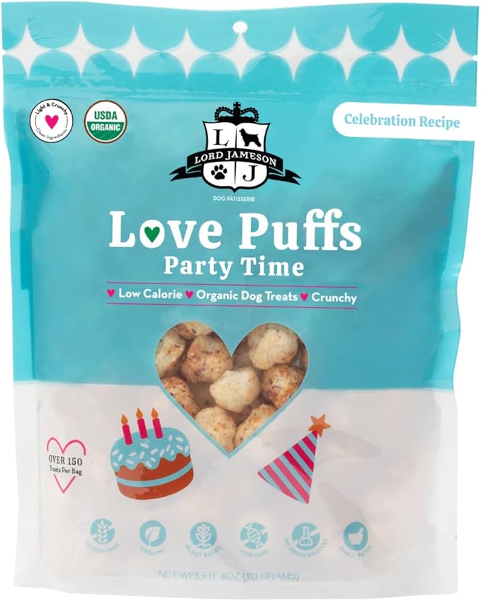 Lord Jameson Party Time | Light & Crunchy Love Puffs Collection | Organic Dog Treats, Celebrate a Birthday, Superfood Coconut, Gluten-Free, Preservative-Free, USDA Certified Organic. Made in USA