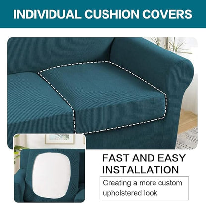 Turquoize 3 Piece Sofa Covers for 2 Cushion Couch Sofa Slipcover Soft Couch Cover for Dogs-Washable Sofa Furniture Covers with 2 Individual Cushion Covers, Thick Jacquard Fabric (Loveseat, Deep Teal)