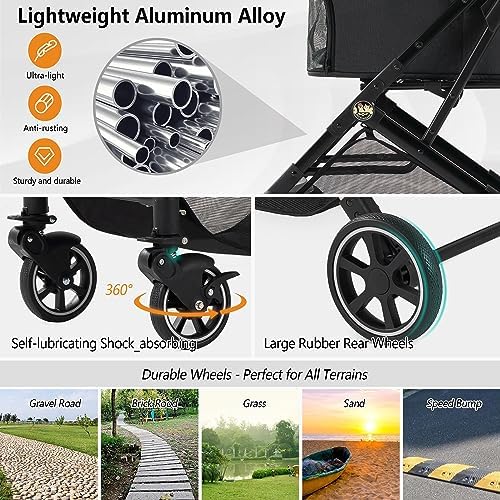 Medium Dog Stroller, Kenyone Pet Stroller for Medium Dogs Up to 55lbs, Lightweight Aluminum Frame, One Click Folding, Large Cat Stroller with No Zip Entry, Detachable Mesh, Multiple Pockets