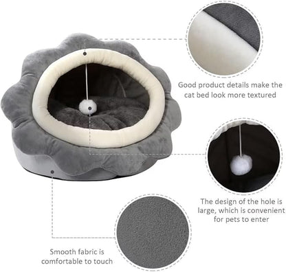 Cat Beds for Indoor Cats - Small Cat Bed with Anti-Slip Bottom, Sunflower-Shaped Cat/Dog Cave with Hanging Toy, Puppy Bed with Removable Cotton Pad, Super Soft Calming, Multiple Sizes(Grey M)