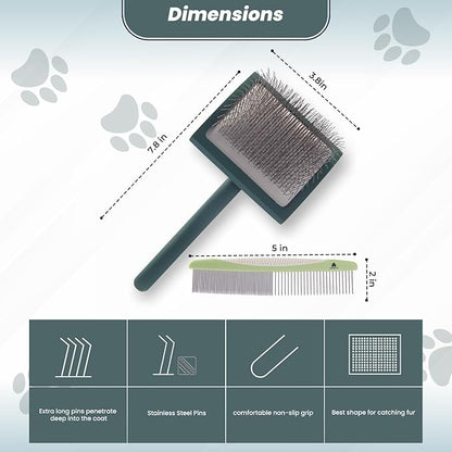 Self- Cleaning Slicker Brush for Dogs Suitable for Short & Long Haired Dogs and Effective Deshedding for Pet Grooming, Undercoat Removal, Tangle-Free Fur (Green Brush + Comb)