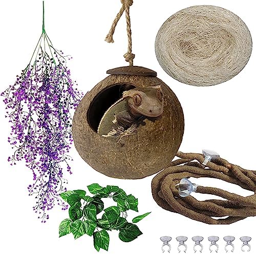 4 PCS Crested Gecko Coconut Hide Natural Lizard Coco Hut Reptile Hanging Nest Flexible Vine Habitat Decoration Bearded Dragon Terrarium Accessories for Tortoise Chameleon Snake Spider