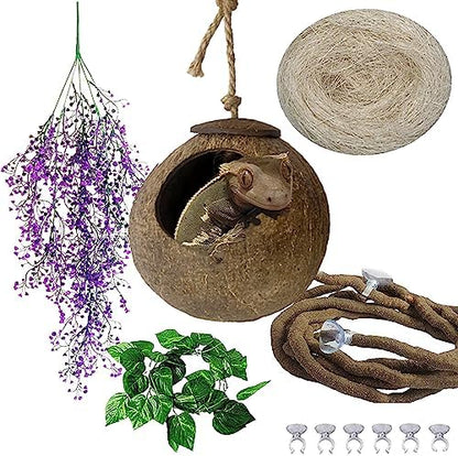 4 PCS Crested Gecko Coconut Hide Natural Lizard Coco Hut Reptile Hanging Nest Flexible Vine Habitat Decoration Bearded Dragon Terrarium Accessories for Tortoise Chameleon Snake Spider