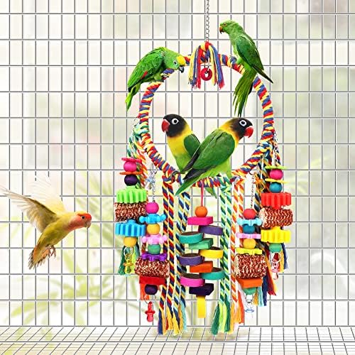 Bird Toys Bird Rope Ring Swing Perch with Corn Cob Cardboard Bagels Wooden Blocks Chewing Toys for Parakeets,Cockatiels,Conure,Lovebirds,Finches and Other Small-Sized Birds