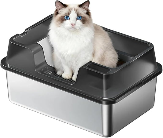Enclosed Stainless Steel Cat Litter Box with Lid Extra Large Litter Box for Big Cats XL Metal Litter Pan Tray with High Wall Sides Enclosure, Non-Sticky, Anti-Leakage, Easy Cleaning