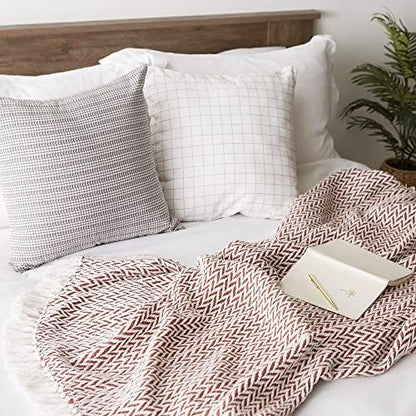 DII Modern Zig Zag Throw Blanket Woven Cotton, Hand-Knotted 2.5" Fringe, 50x60, Cinnamon