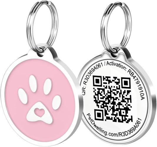 Pet Dwelling QR Pet Tag – Easy Scan Instant Location Alerts, Online Pet Profile with AI Feature for Dogs & Cats (Pink Paw)