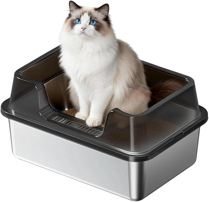 Stainless Steel Litter Box, XL Enclosed Cat Litter Boxes with Lid for Big Cats and Multi-Cats, High Sided, Anti-Urine Leakage Non-Stick Bottom Include Scoop Easy to Clean