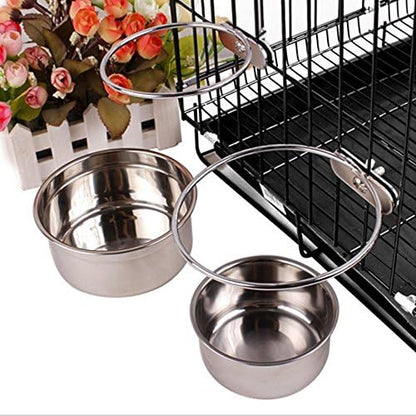 Pet Dog Stainless Steel Coop Cups with Clamp Holder - Detached Dog Cat Cage Kennel Hanging Bowl,Metal Food Water Feeder for Small Animal Ferret Rabbit (Medium)